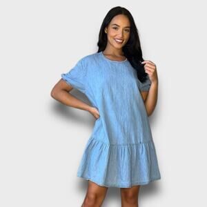 HM NWT LIGHTWEIGHT DENIM BOHO COUNTRY WESTERN RUFFLE HEM OVERSIZED DRESS M
